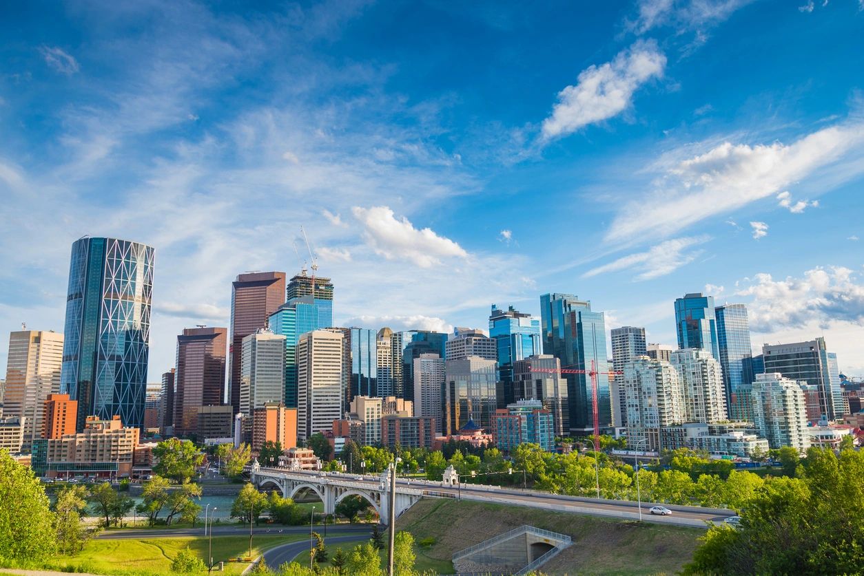 A view of the city skyline from above.